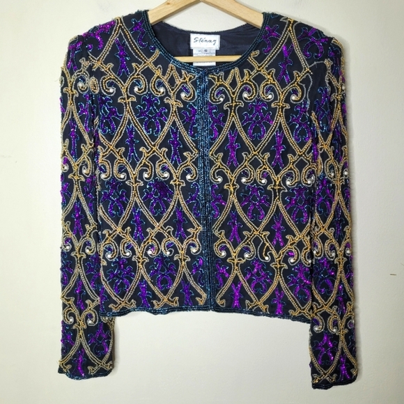 Vintage Stenay Silk Hand-Beaded Jacket S Opulent 80s Holiday Formal Glam - Picture 2 of 11